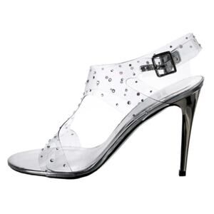 Stuart Weitzman Clear Silver Crystal Embellishments T-Strap Sandal Heels size 7